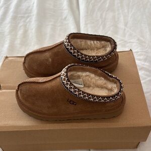 UGG Tan Suede Clogs with Patterned Trim